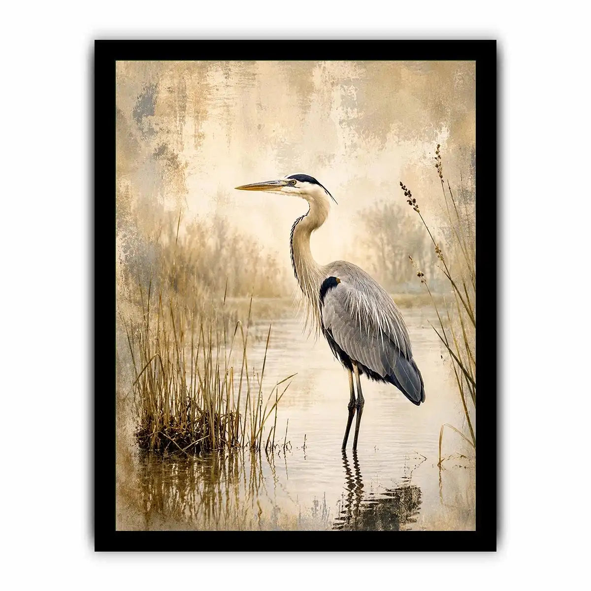 Heron in a misty marsh