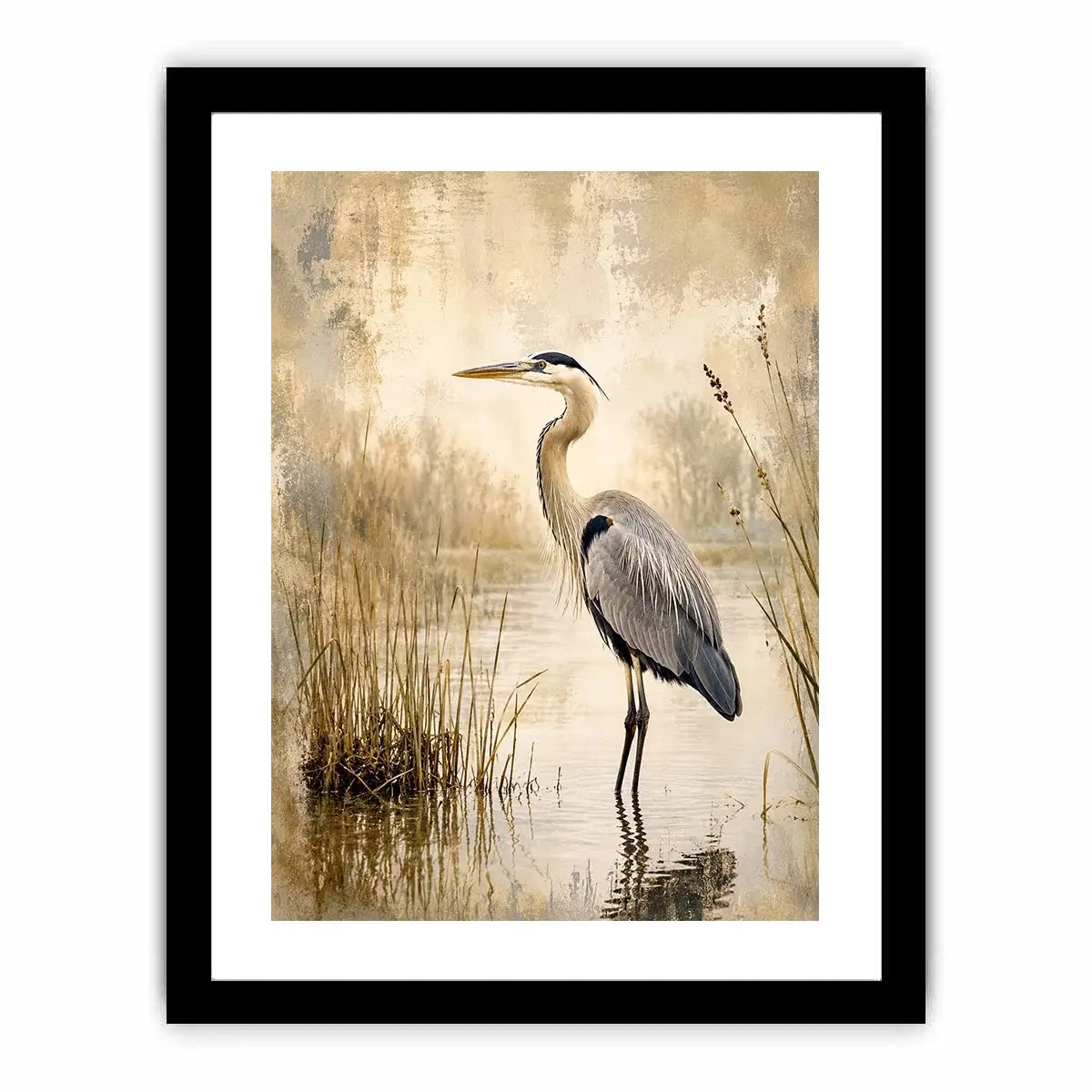 Heron in a misty marsh