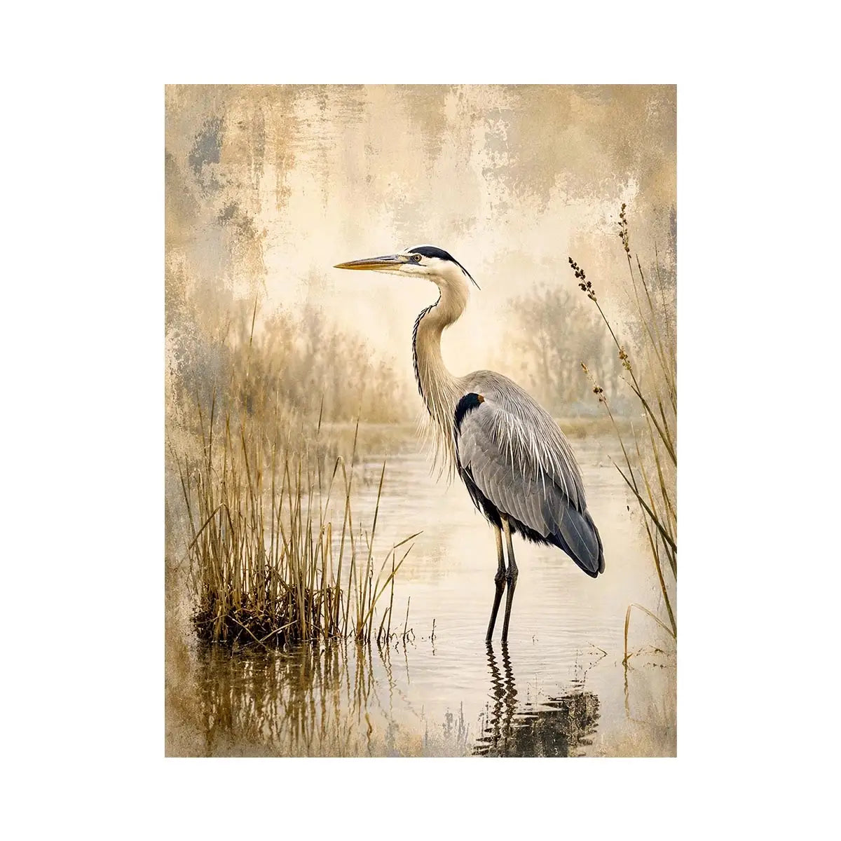 Heron in a misty marsh