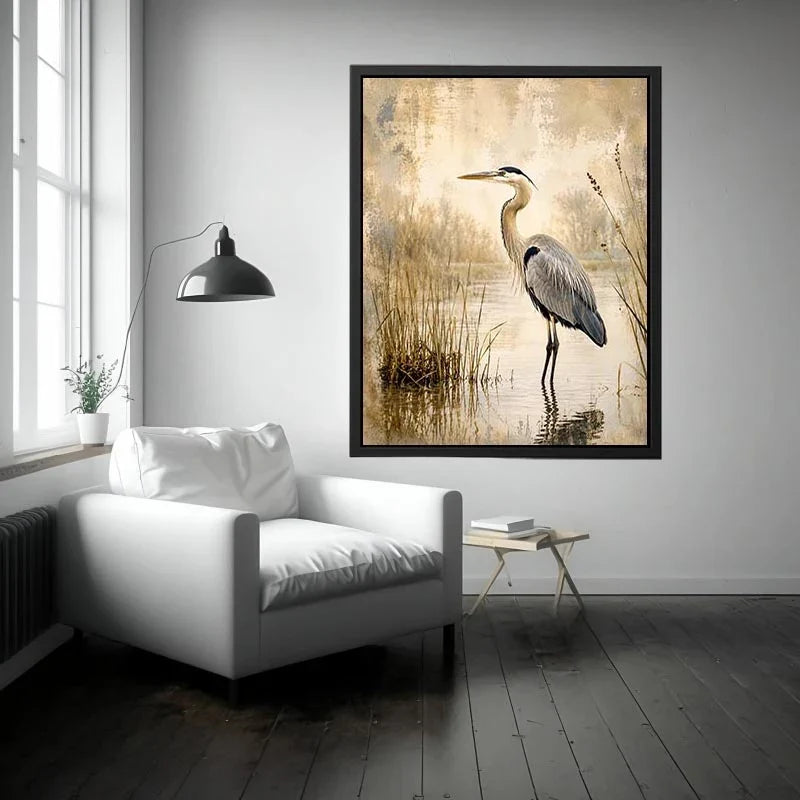 Heron in a misty marsh