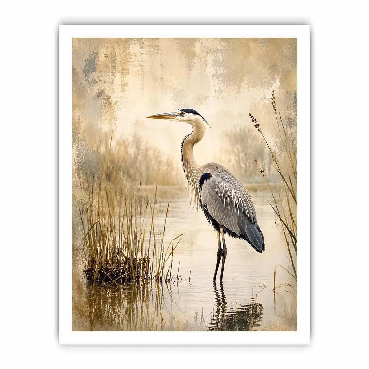 Heron in a misty marsh