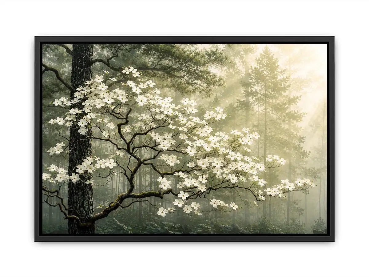 Misty morning in a flowering forest