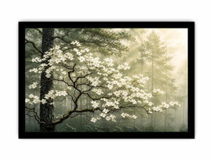 Misty morning in a flowering forest