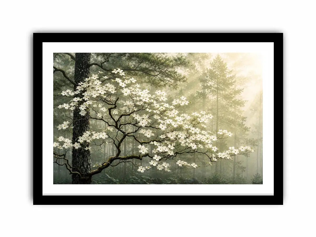 Misty morning in a flowering forest