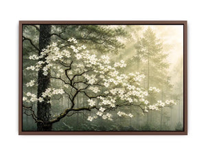 Misty morning in a flowering forest