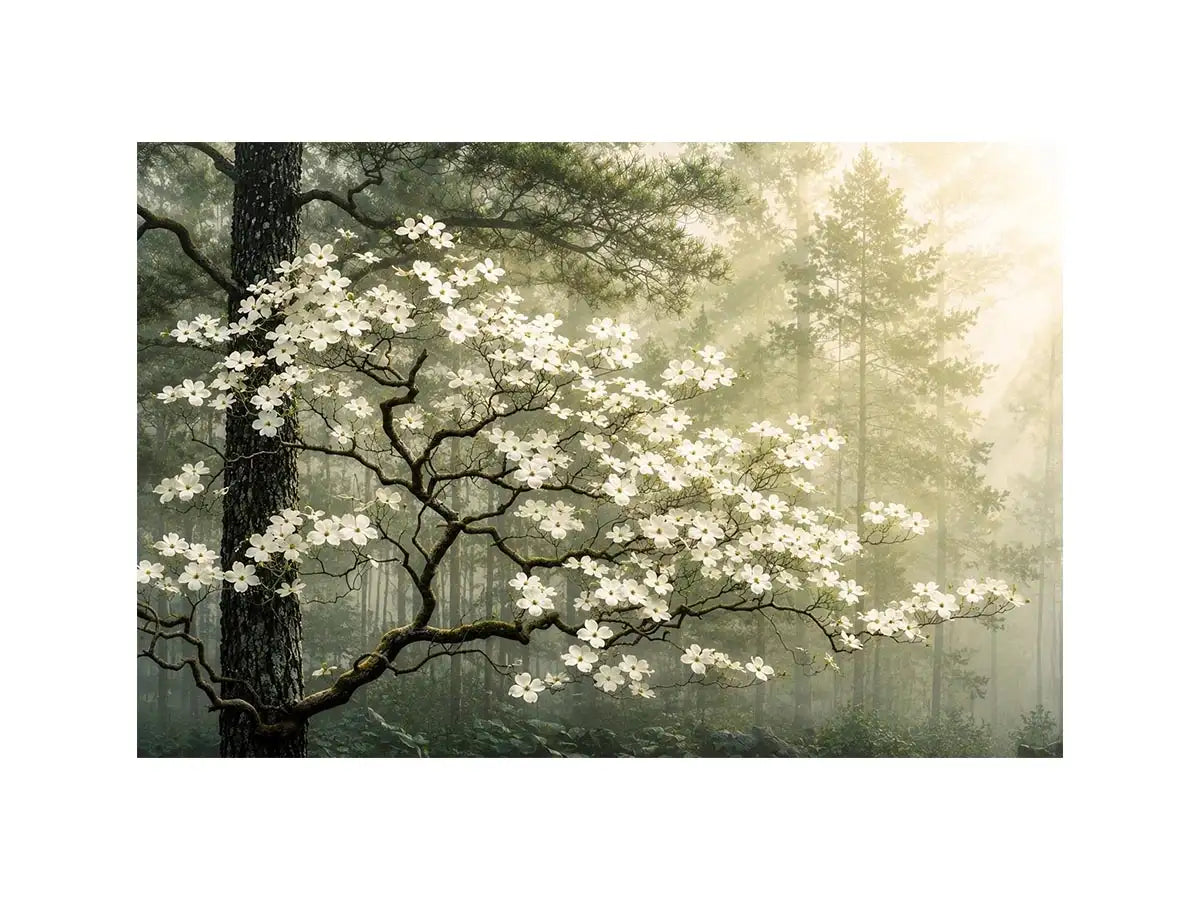 Misty morning in a flowering forest