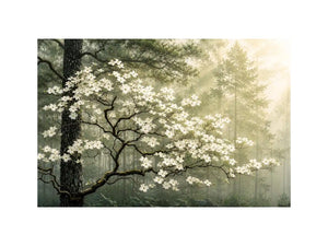 Misty morning in a flowering forest