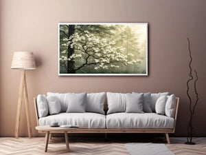 Misty morning in a flowering forest