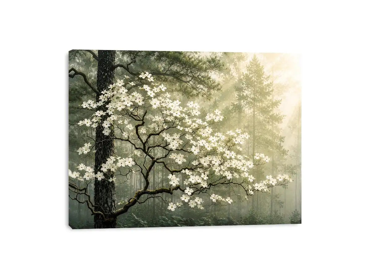 Misty morning in a flowering forest