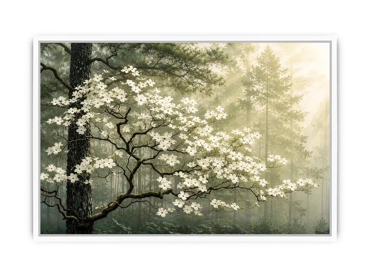 Misty morning in a flowering forest