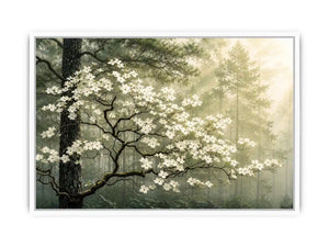 Misty morning in a flowering forest