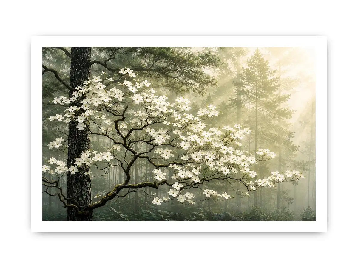 Misty morning in a flowering forest