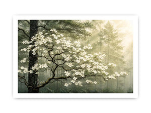 Misty morning in a flowering forest