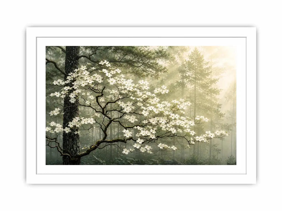 Misty morning in a flowering forest