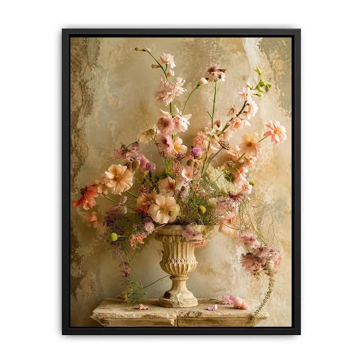 Pastel blooms in a rustic urn