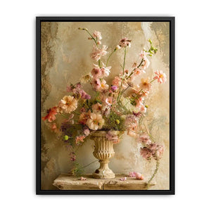 Pastel blooms in a rustic urn