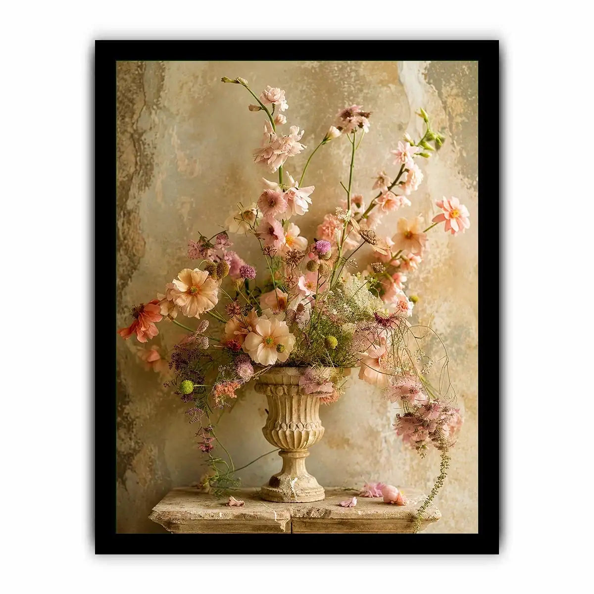 Pastel blooms in a rustic urn