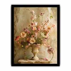 Pastel blooms in a rustic urn