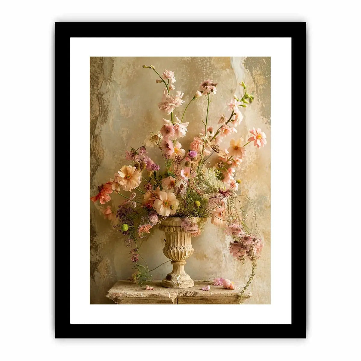 Pastel blooms in a rustic urn