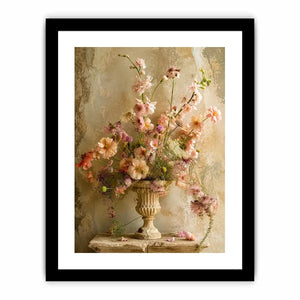 Pastel blooms in a rustic urn