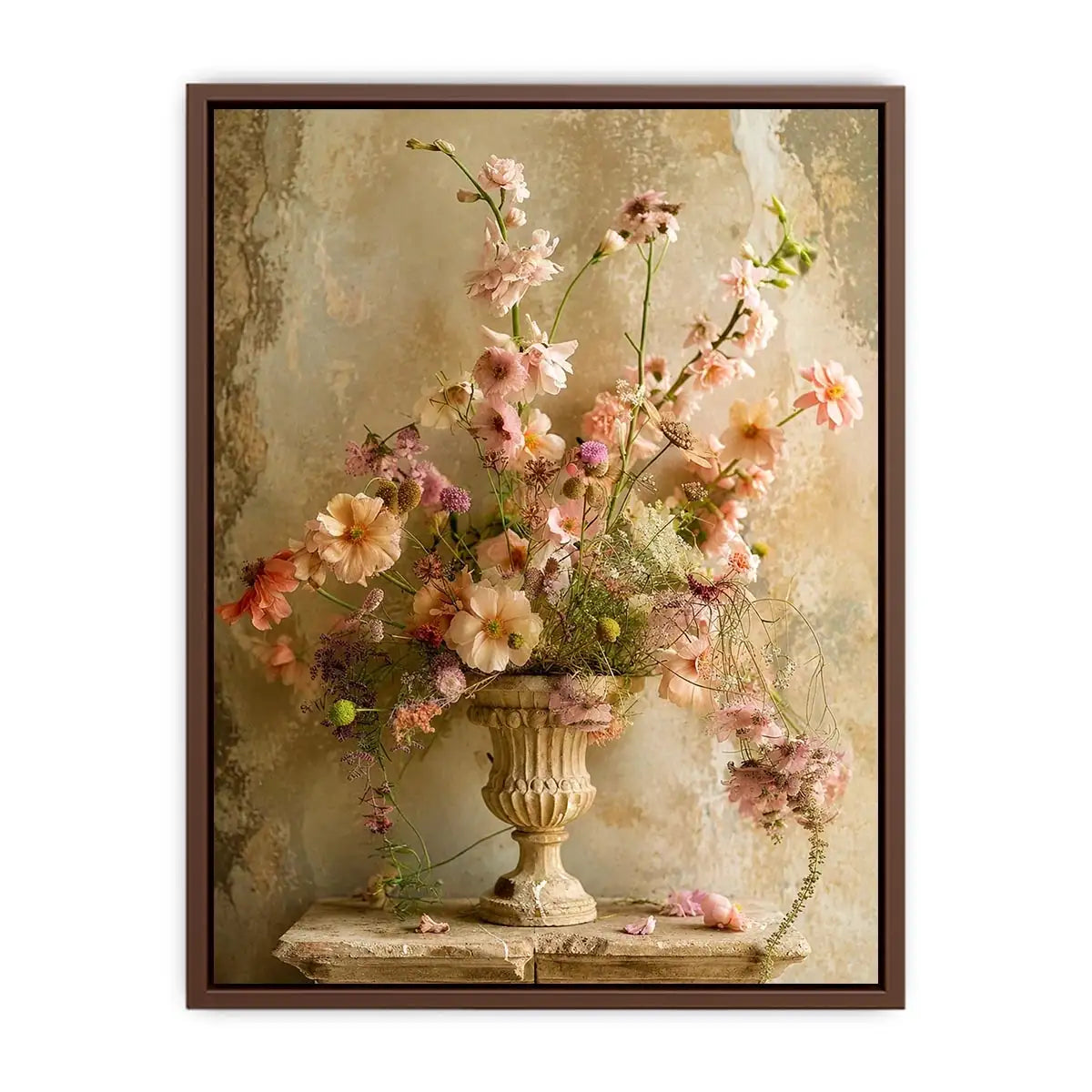 Pastel blooms in a rustic urn