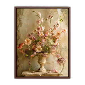 Pastel blooms in a rustic urn