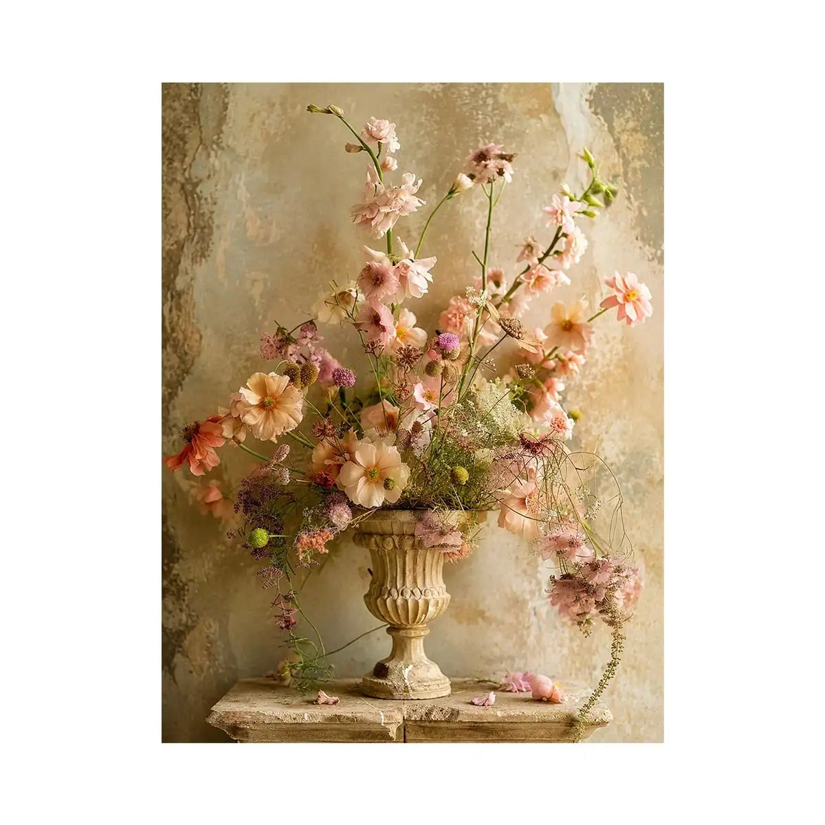Pastel blooms in a rustic urn