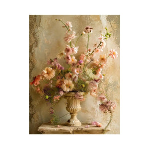 Pastel blooms in a rustic urn