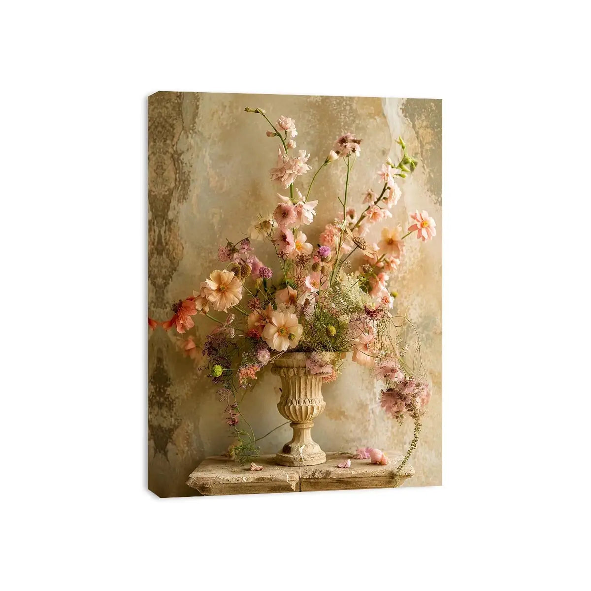 Pastel blooms in a rustic urn
