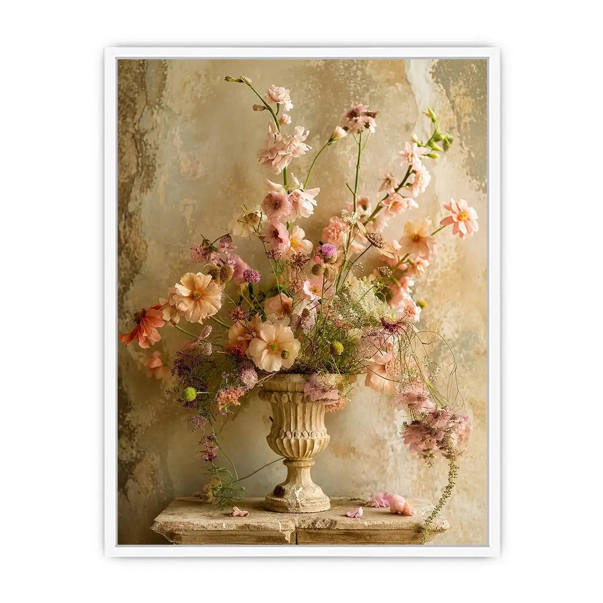 Pastel blooms in a rustic urn
