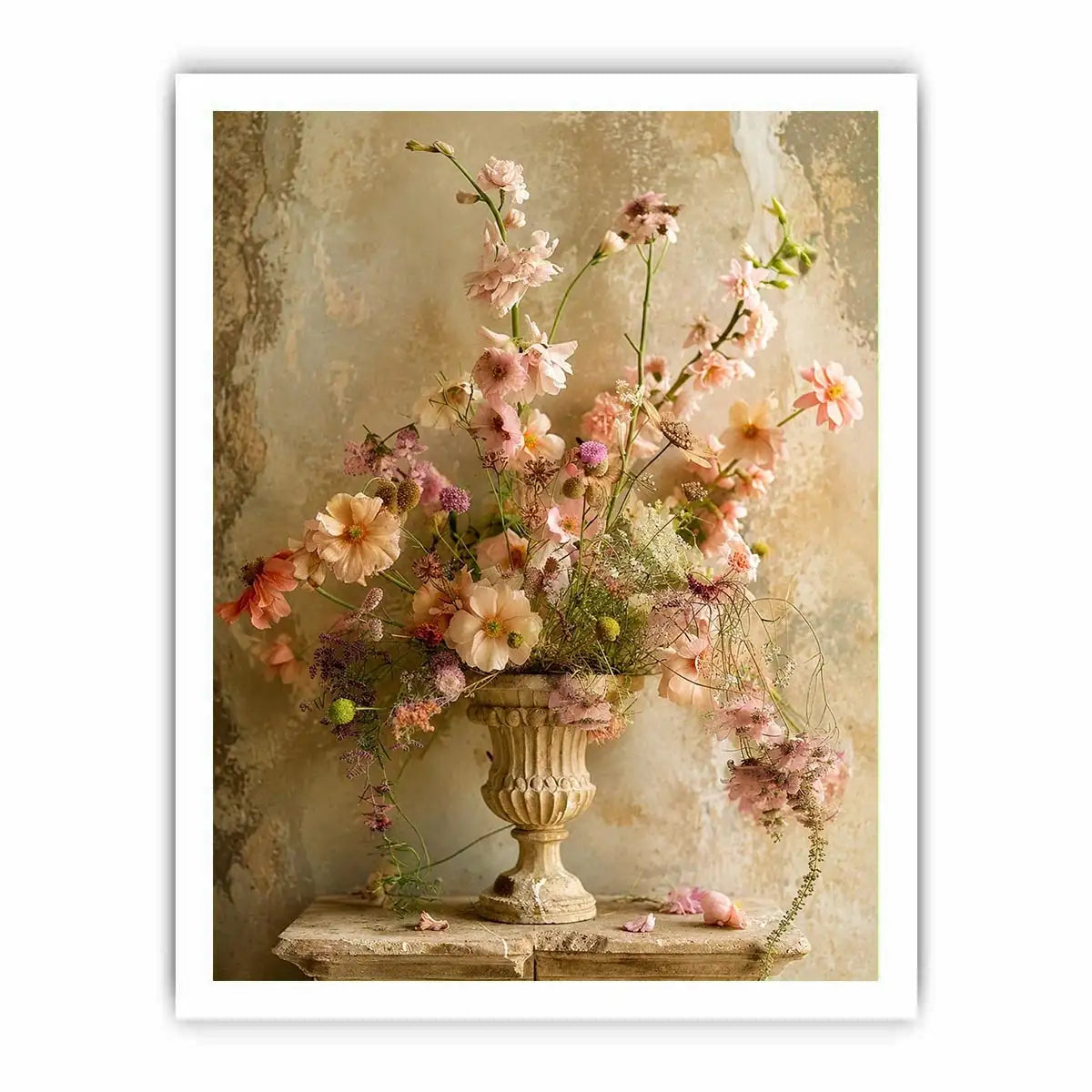 Pastel blooms in a rustic urn