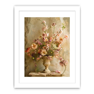 Pastel blooms in a rustic urn