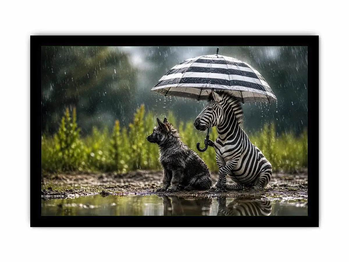 Zebra and dog under rainy umbrella