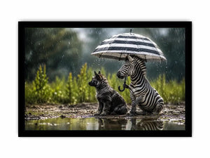 Zebra and dog under rainy umbrella