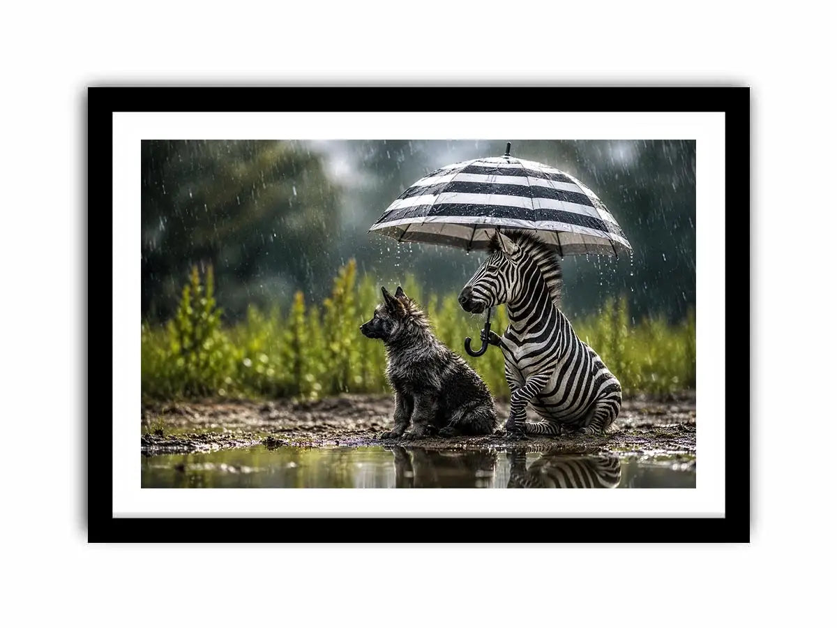 Zebra and dog under rainy umbrella