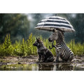 Zebra and dog under rainy umbrella
