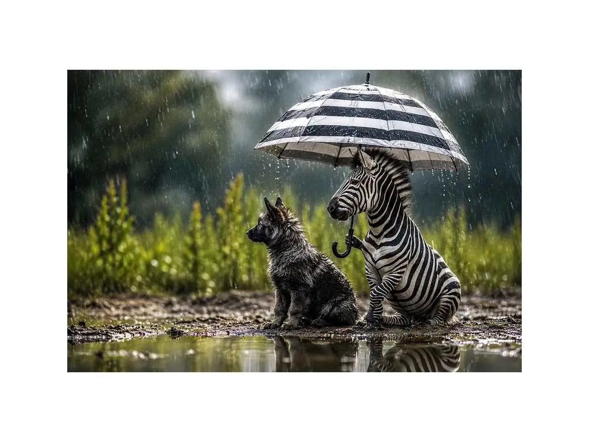Zebra and dog under rainy umbrella