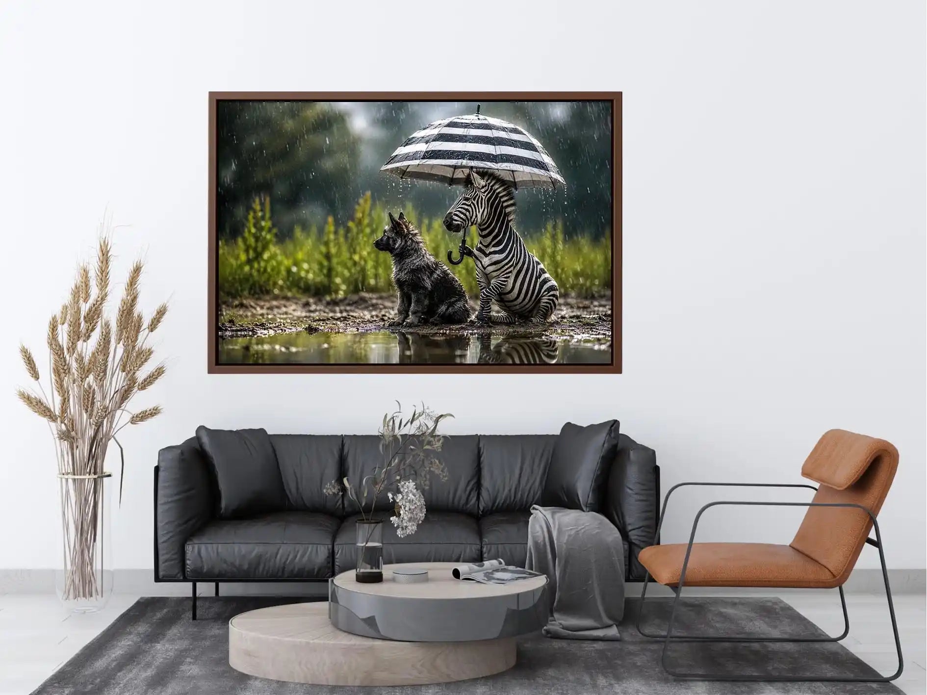 Zebra and dog under rainy umbrella