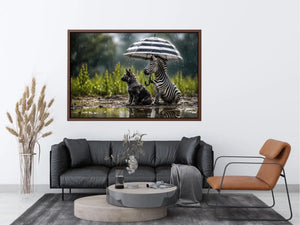 Zebra and dog under rainy umbrella