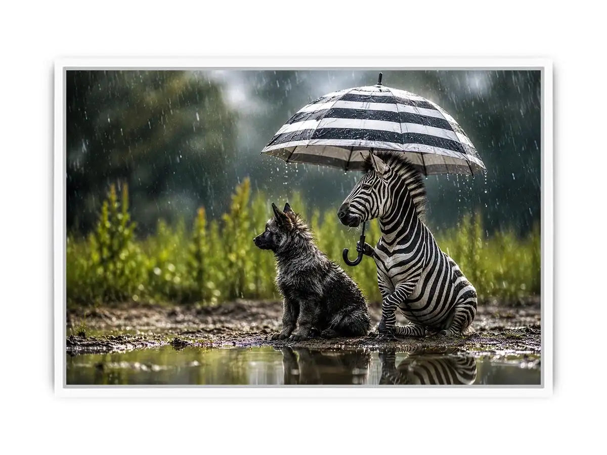 Zebra and dog under rainy umbrella