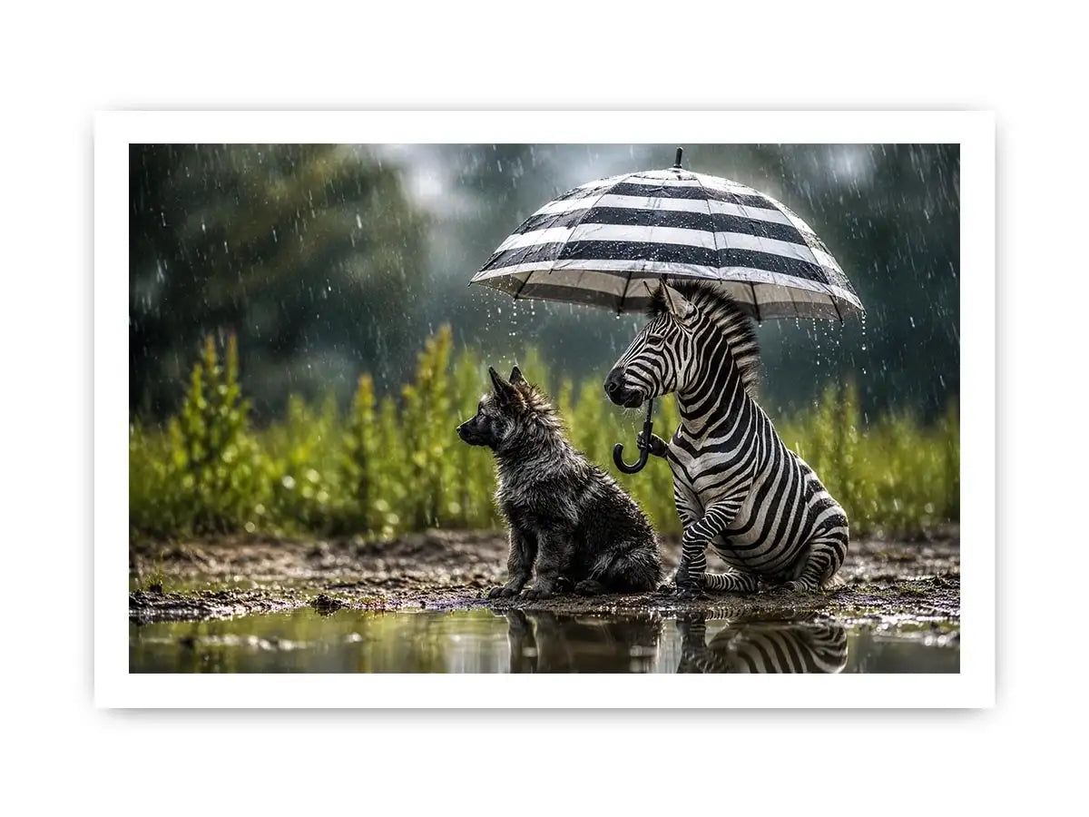 Zebra and dog under rainy umbrella