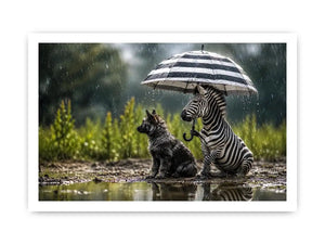 Zebra and dog under rainy umbrella