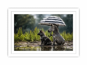 Zebra and dog under rainy umbrella