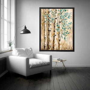 Serene birch forest with teal leaves
