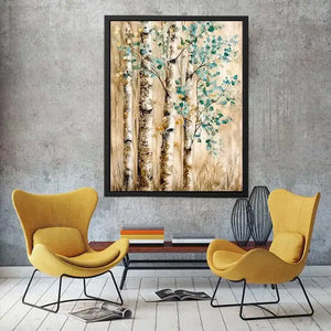 Serene birch forest with teal leaves
