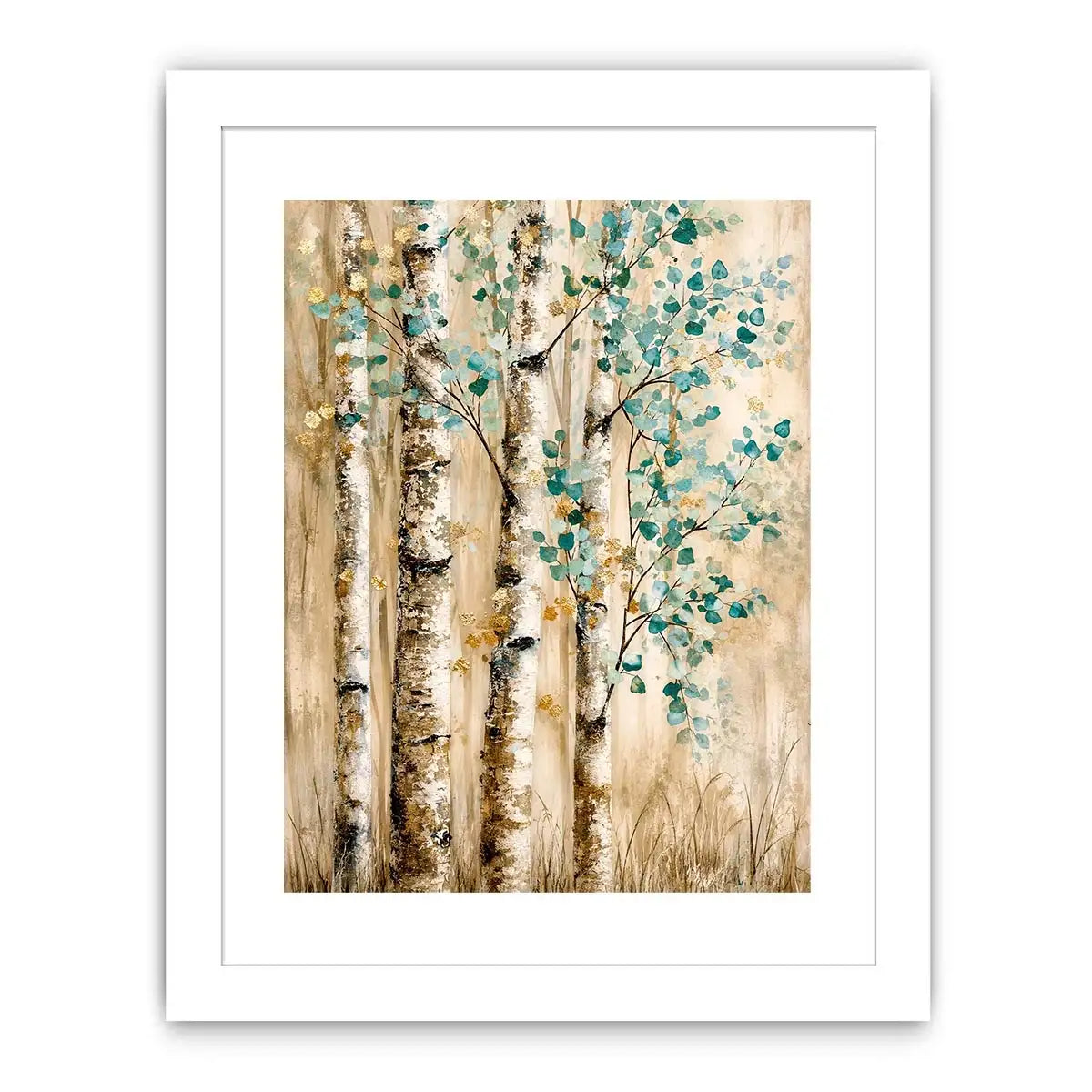 Serene birch forest with teal leaves