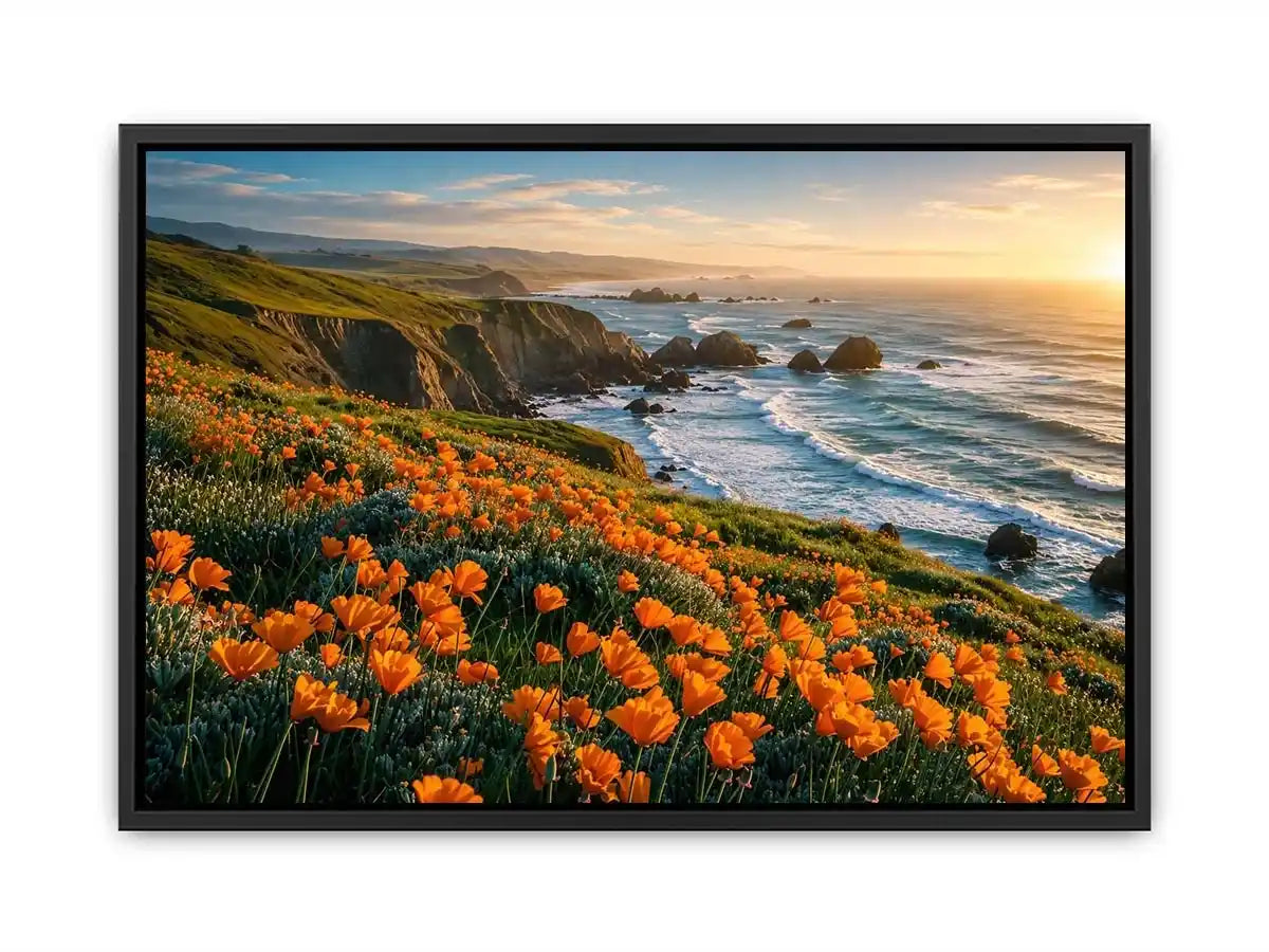 Sunlit coastal cliffs and wildflowers