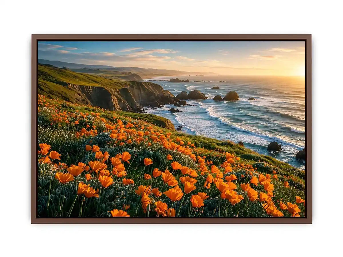 Sunlit coastal cliffs and wildflowers