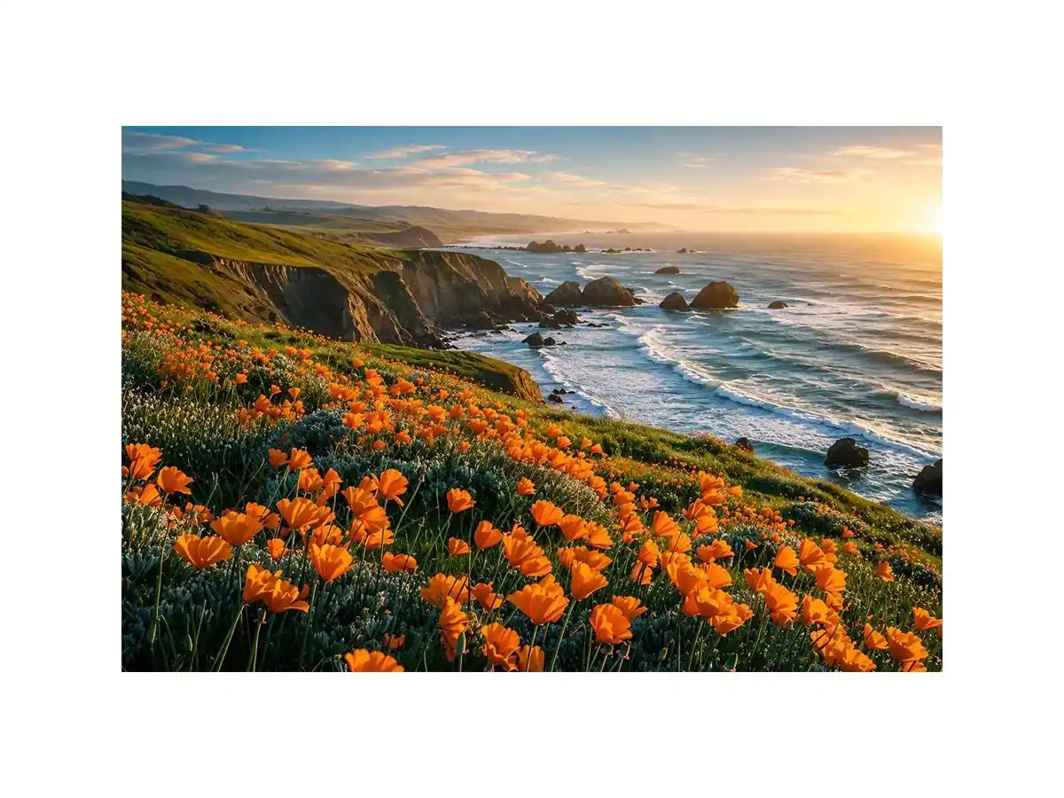Sunlit coastal cliffs and wildflowers