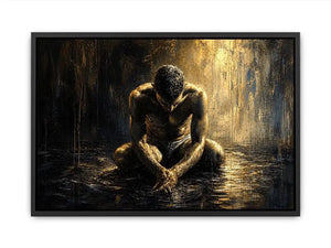Kneeling figure in a reflective, wet world